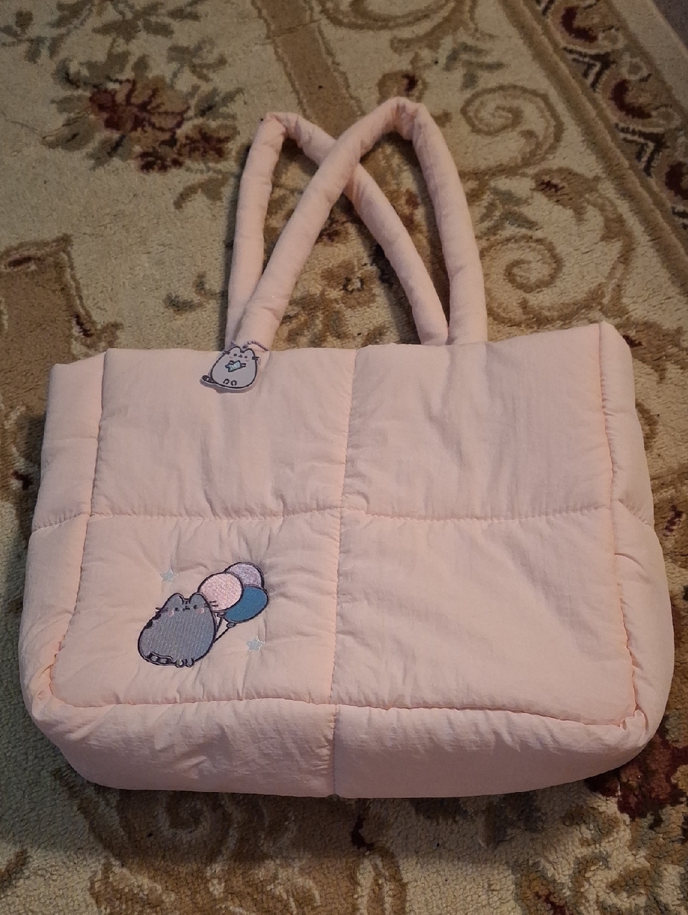 Pink Quilted Tote Bag with Cute Pusheen Embroidery